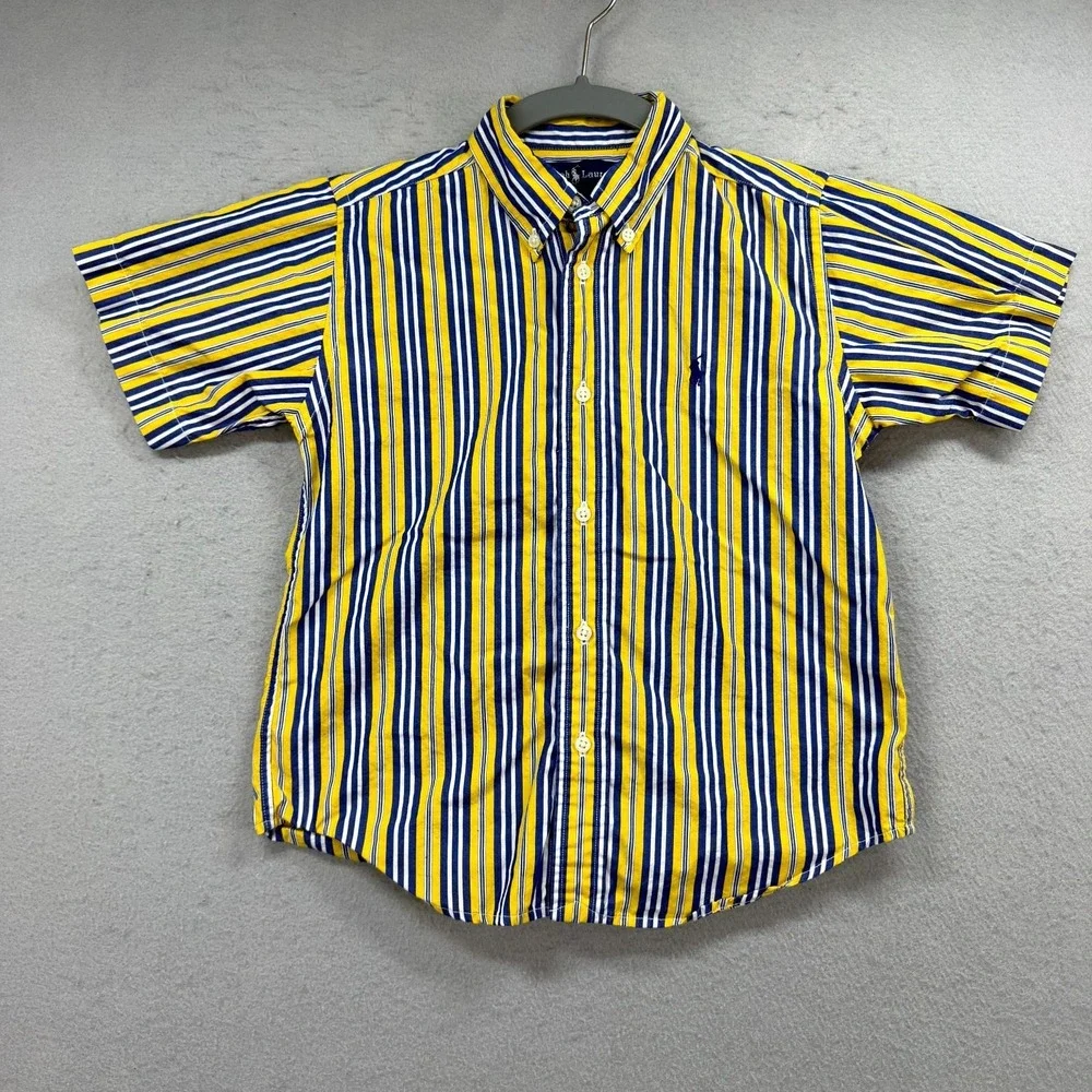 Ralph Lauren Casual Shirt Boys 6 Blue Yellow Striped Pony Oxford Button Down